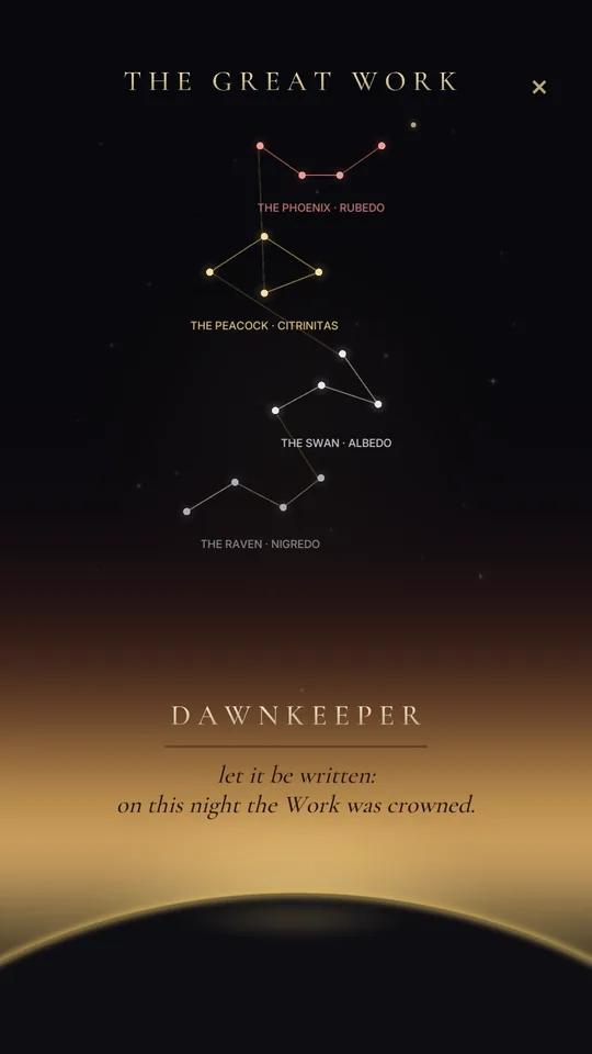 The dawn screen: the four constellations over a horizon going gold, and the line the night is crowned with.