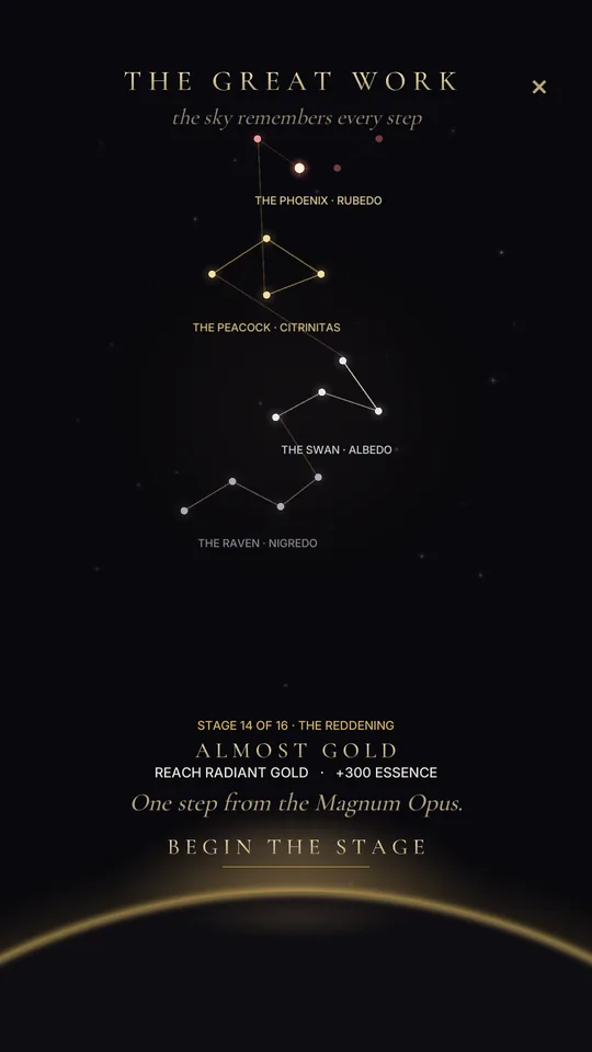 The campaign drawn as a sky, sixteen stars in four constellations, with the stage in hand named at the foot.